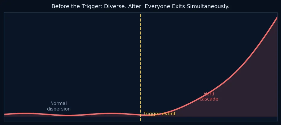 Before the Trigger: Diverse. After: Everyone Exits Simultaneously.
